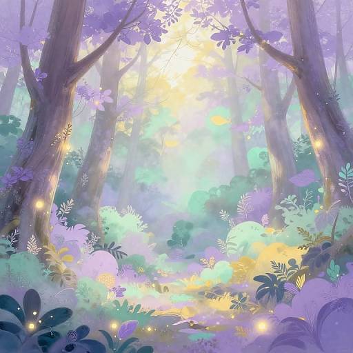 Digital artwork of a luminous forest, sunlight filtering through tall trees, vibrant purple and green foliage, glowing fireflies, ethereal light beams, and