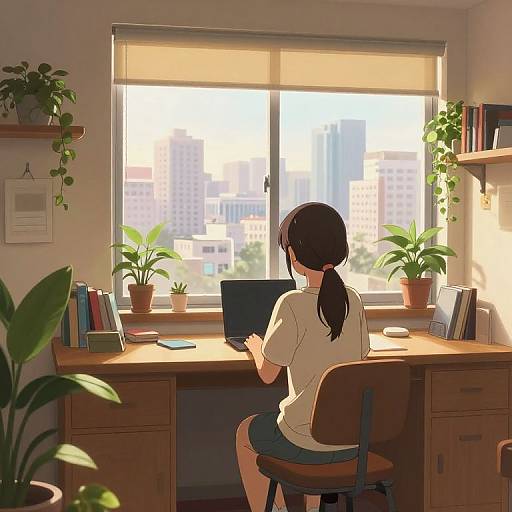 Cozy Anime Student Room with Skyline