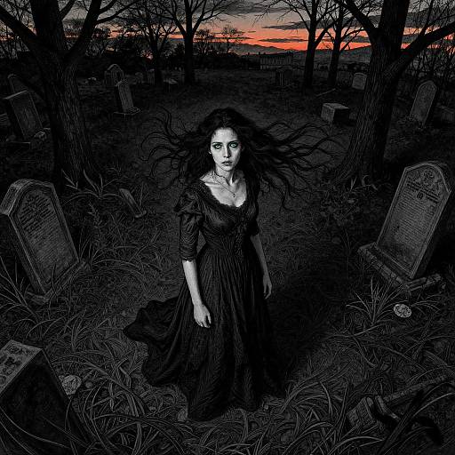 Gothic digital illustration of a pale woman with long black hair, wearing a dark dress, standing in a shadowy, grave-filled cemetery at sunset