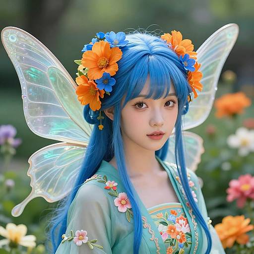 Digital art of an Asian woman with blue hair, fairy wings, and flower crown, wearing a green floral dress, surrounded by colorful flowers.