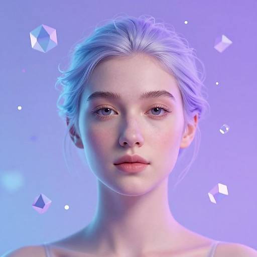 Digital portrait of a fair-skinned woman with blue-tinted hair, blue eyes, and pink lips, set against a glowing blue background with floating