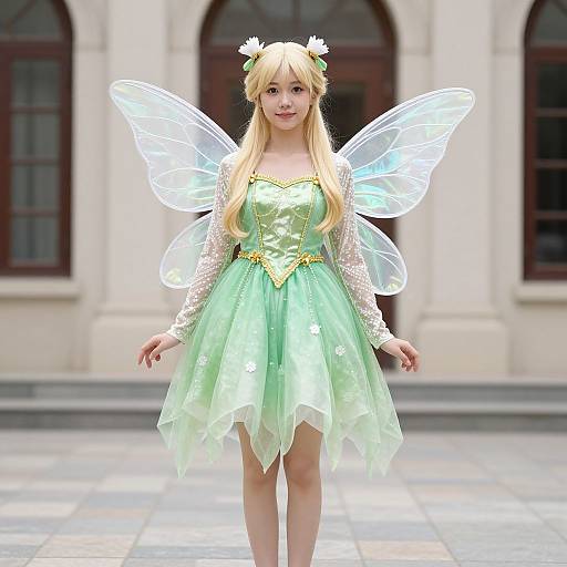 Photograph of a blonde woman in green fairy costume with translucent wings, white hair flowers, and lace sleeves, standing in front of an arched building