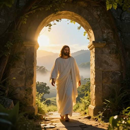 Photograph of Jesus with long brown hair and beard, wearing a white robe, walking through a sunlit, arched stone doorway, surrounded by lush
