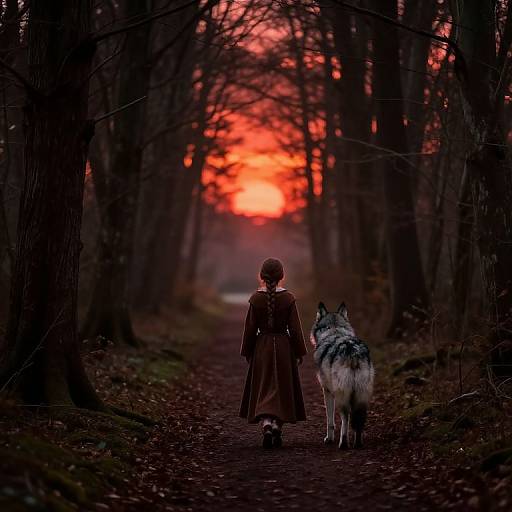 Photograph of a person in a brown coat and red hood, walking a husky down a dark forest path at a vivid red sunset.