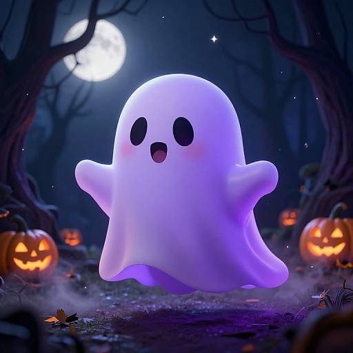 Cute Floating Purple Ghost in Halloween Forest