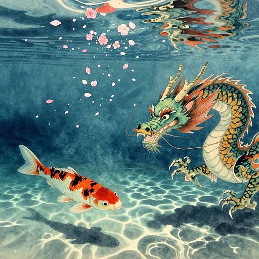 Underwater Japanese Ink Dragon Scene