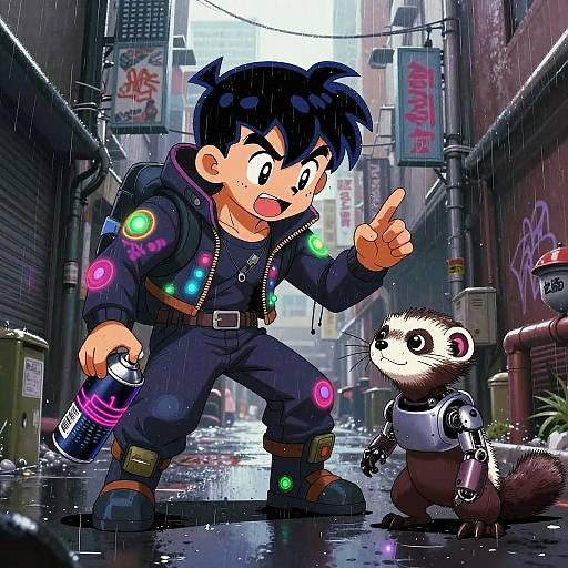 Cyberpunk Street Artist with Robotic Ferret