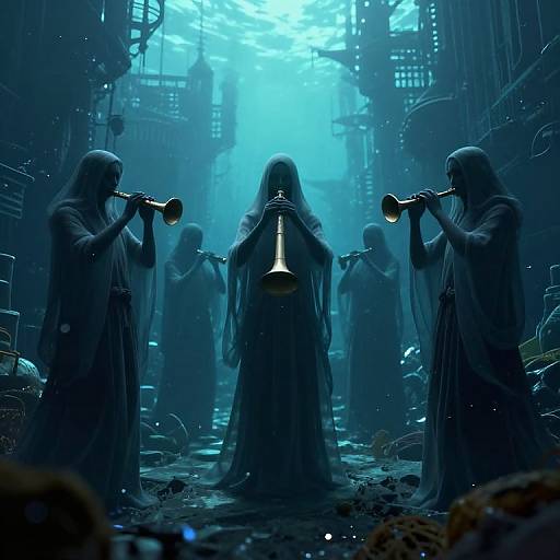 Digital artwork: Mysterious, hooded figures in flowing robes play trumpets in a dim, blue-lit, industrial alley with pipes and debris.