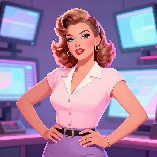 Digital artwork of a confident, fair-skinned woman with voluminous brown hair, red lipstick, white button-up shirt, and gray skirt, standing in