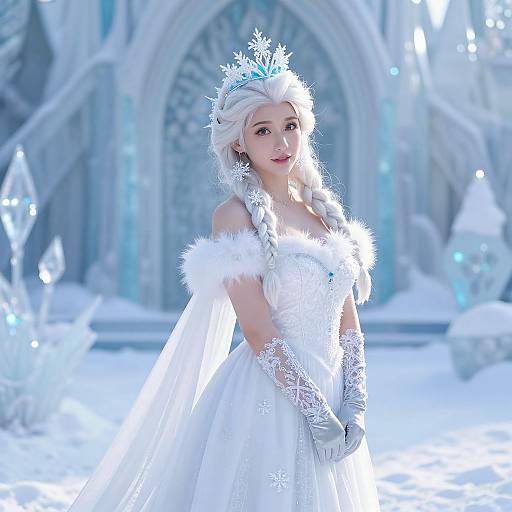 CGI image of a fair-skinned woman with white hair, wearing a snowflake tiara, white lace gown with fur trim, and gloves,