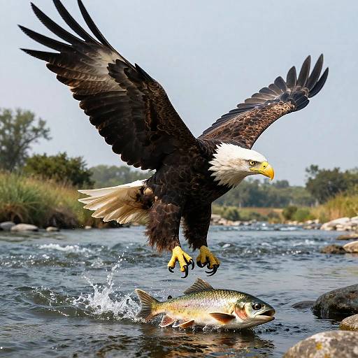 Photograph of a bald eagle with outstretched wings and yellow talons, diving to catch a fish splashing in a river.