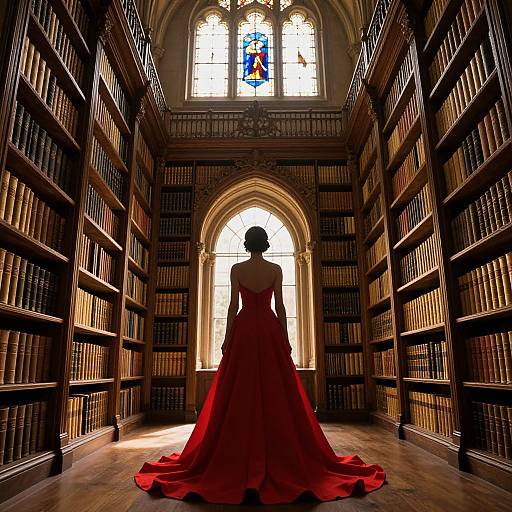 Silhouetted woman in a red, backless gown stands in a sunlit, Gothic library, surrounded by tall bookshelves, with a