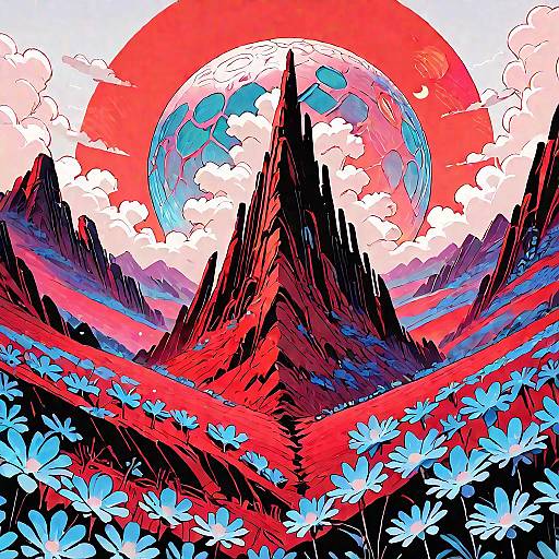 Epic Red Alien Landscape with Blue Flowers