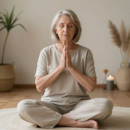 Photograph of an elderly woman with gray hair, closed eyes, and hands in prayer pose, seated cross-legged on a rug in a serene, softly