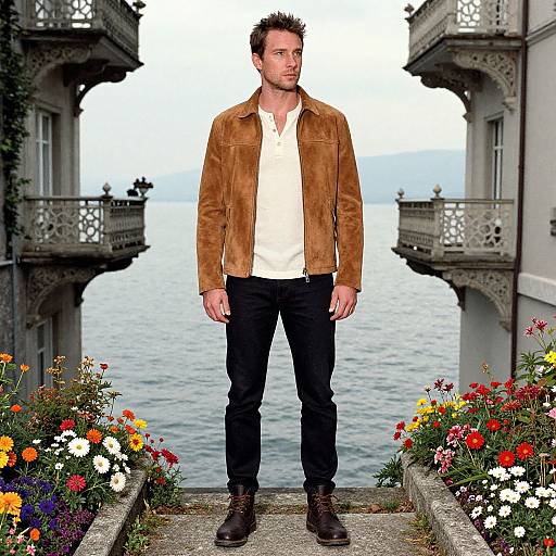 Photograph of a handsome man with short dark hair, brown suede jacket, white shirt, black pants, standing on a balcony with colorful flowers and ocean