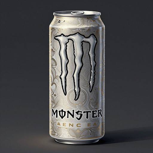 Photograph of a silver Monster Energy can with intricate swirl patterns, bold black Monster logo, and 