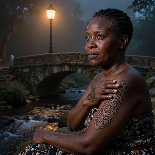 Photograph of a tattooed, dark-skinned woman with braided hair, sitting by a misty stream at night, lit by a glowing street
