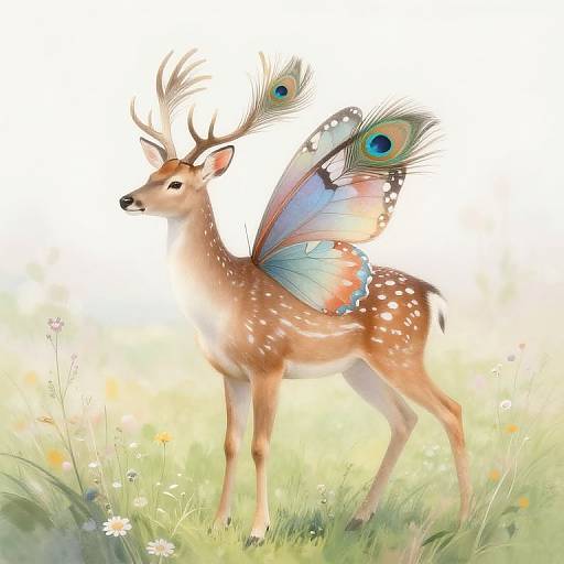 Digital illustration of a deer with butterfly wings, featuring peacock feather patterns, standing in a sunlit, colorful meadow.
