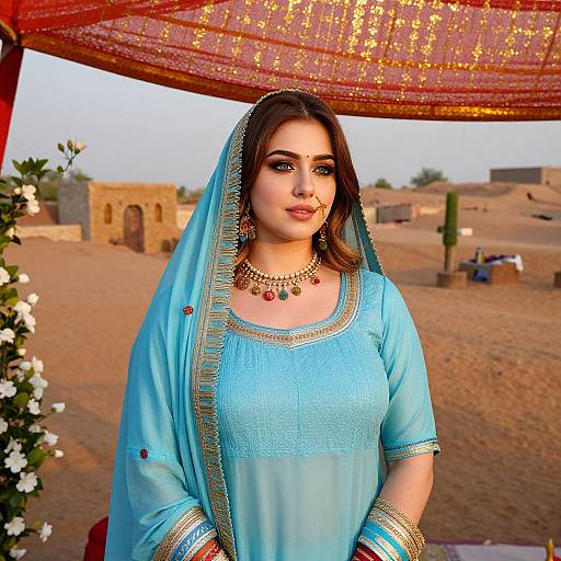 Photograph of a beautiful South Asian woman in a blue traditional outfit with gold embroidery, wearing a veil, necklace, and bangles, standing under a