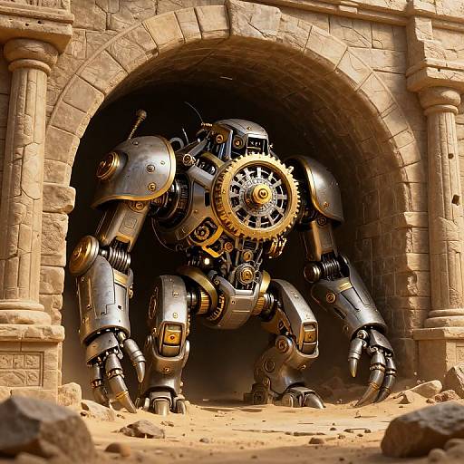 Digital artwork of a massive, metallic, gear-driven robot emerging from a stone archway in a desert ruin, with intricate mechanical details and a golden central