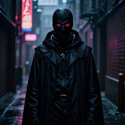 Dark alley at night, rain-soaked, a mysterious figure in black balaclava and coat, glowing red eyes, neon signs in background.