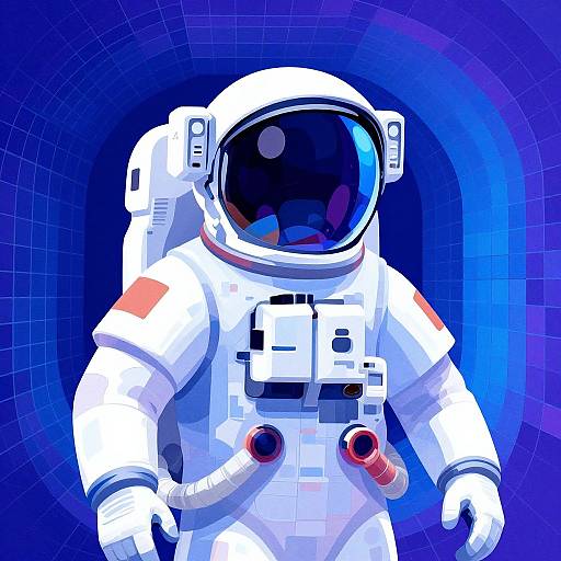 Digital illustration of an astronaut in a white spacesuit with a reflective helmet, blue visor, and red accents, set against a blue grid background.