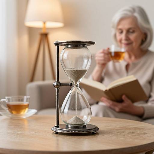 Photograph of an elderly woman with white hair, reading a book, sipping tea, beside a wooden table with an hourglass and tea cups,