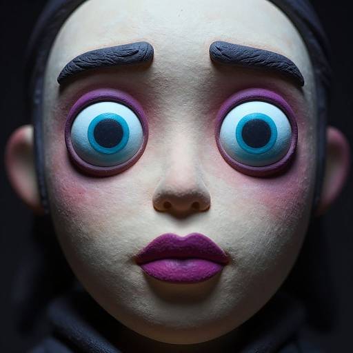 Close-up CGI portrait of a cartoonish character with large, wide blue eyes, thick black eyebrows, pale skin, and purple lips, set against a