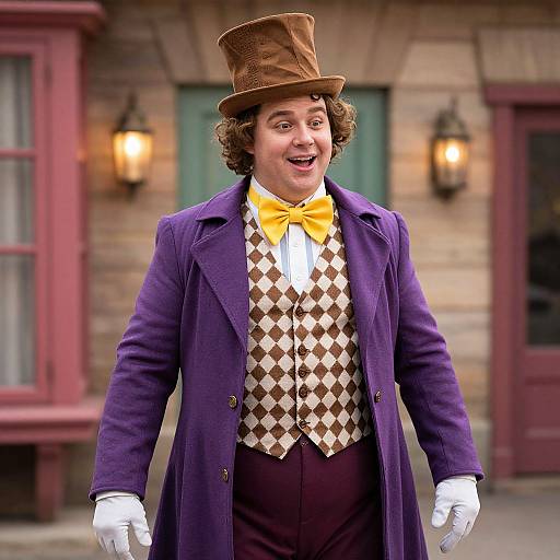 Photograph of a man dressed as a classic clown: brown top hat, purple coat, yellow bowtie, diamond-patterned vest, white gloves,