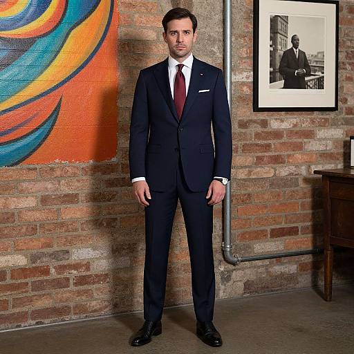Photograph of a serious, dark-haired man in a black suit, white shirt, and red tie, standing against a brick wall with abstract orange and
