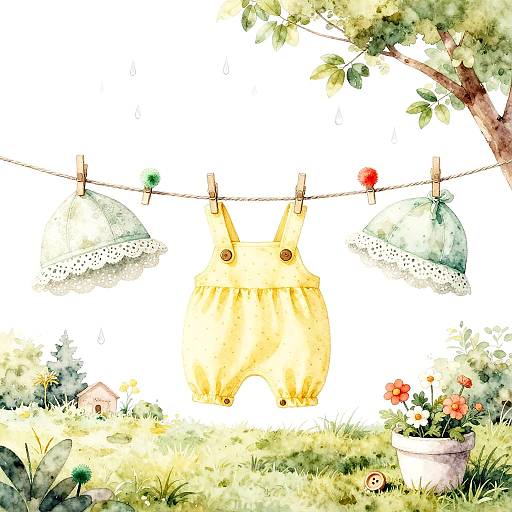 Watercolor illustration of a yellow, bunny-like creature hanging on a clothesline with lace and polka-dotted cloths, surrounded by a sunny garden