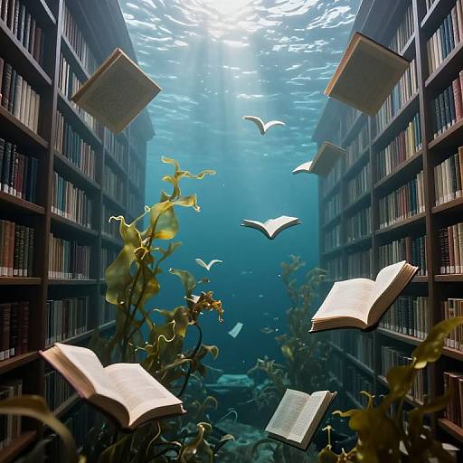 Photograph of underwater library with floating open books and books on shelves, sun rays filtering through water, surrounded by green seaweed.