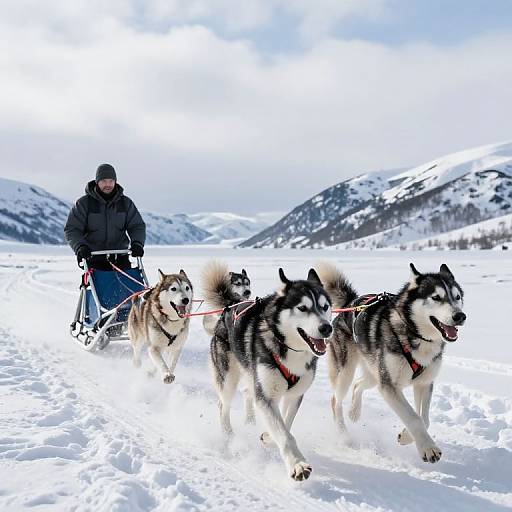 Huskies Pulling Sledge in Snow