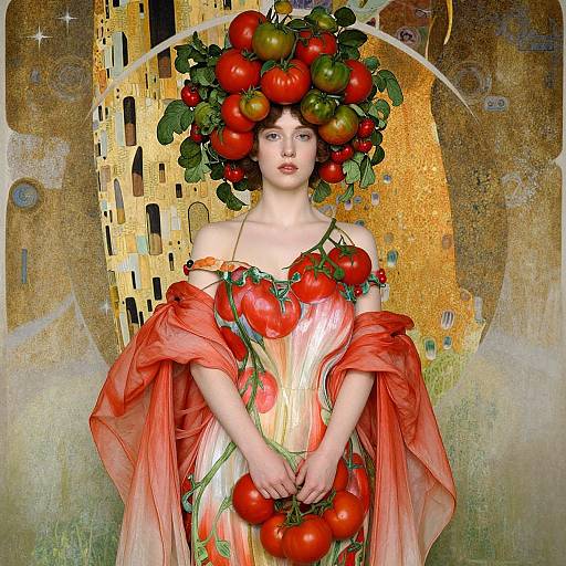 Digital art of a fair-skinned woman with dark hair, wearing a tomato and leaf headdress, red-orange dress, and sheer red shawl,