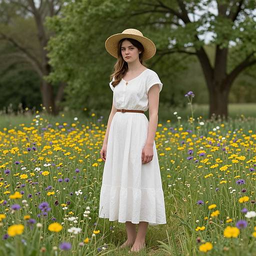 Photograph of a young woman in a white dress and straw hat, standing in a vibrant meadow of yellow and purple flowers, surrounded by lush green