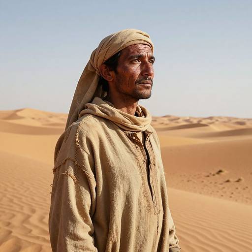 Photograph of a Middle Eastern man with dark skin, wearing a beige headscarf and robe, standing in a sandy desert under clear blue sky.