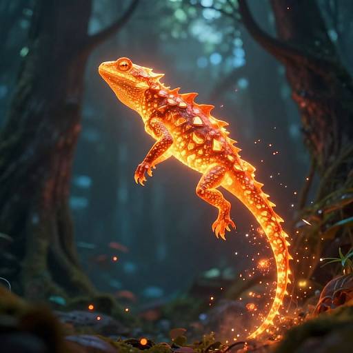 Digital artwork of a glowing, fiery-orange lizard with sparks trailing from its tail, leaping through a dark, mystical forest.