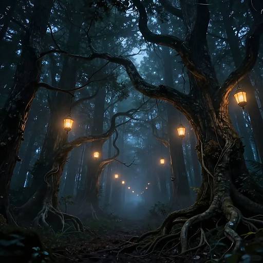 Mystical forest photograph: Dark, dense trees with twisted roots illuminated by warm, glowing lanterns creating a magical, eerie pathway. Blue twilight sky