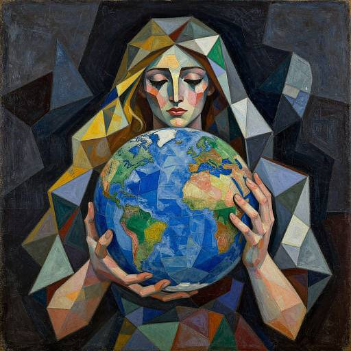Cubist-style digital painting of a woman with geometric, multicolored face, holding a blue Earth with green and yellow continents. Dark, abstract
