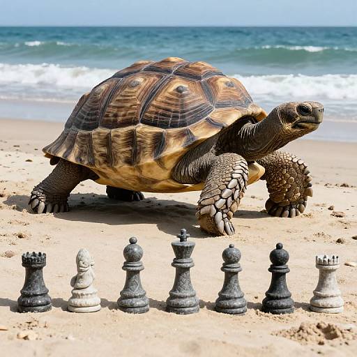 Photograph of a detailed, realistic tortoise with textured brown and black shell standing on a sandy beach, facing chess pieces in the foreground, with ocean