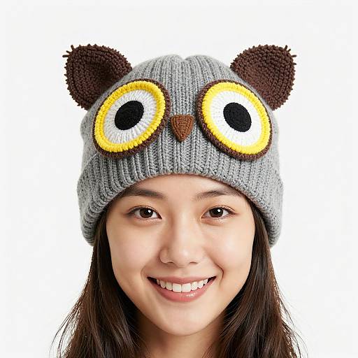 Woman Wearing Owl-Themed Knit Cap