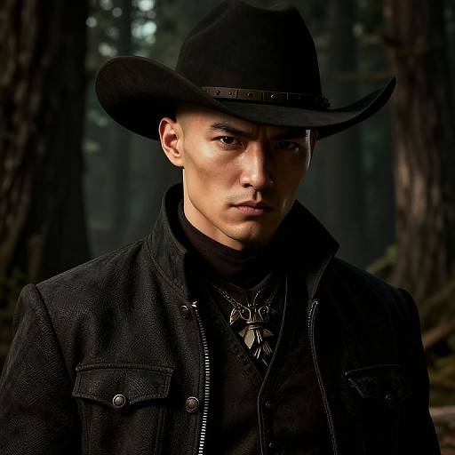 Photograph of a serious young Asian man with light skin, wearing a black cowboy hat, jacket, and necklace, standing in a dark, forested