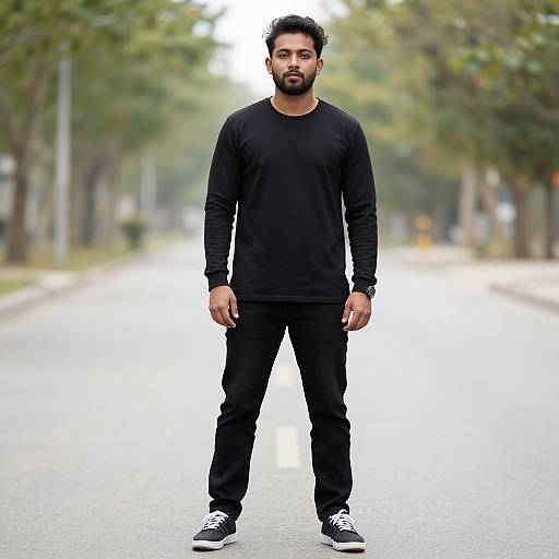 Photograph of a bearded man with short black hair, wearing a black long-sleeve shirt, black pants, and black sneakers, standing on