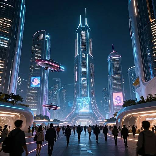 Futuristic Neon-Lit Cityscape with Flying Vehicles at Night