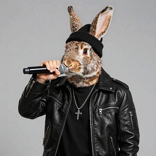 Rabbit Rapper Wearing Leather Jacket and Beanie