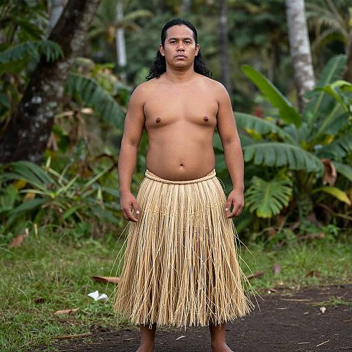 Photograph of a shirtless, muscular, young Indigenous man with dark hair, wearing a yellow grass skirt, standing on a forest path.