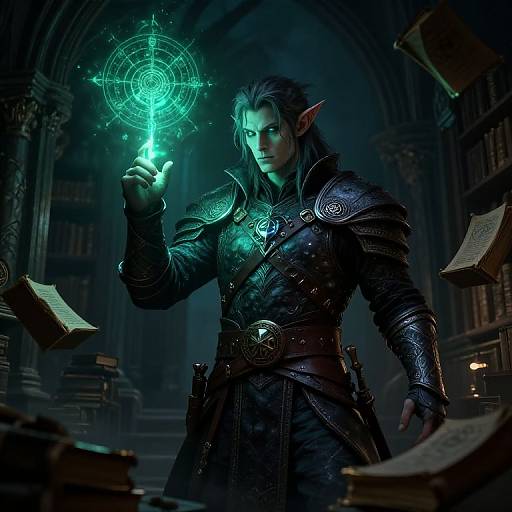 Digital fantasy artwork of a blue-tinted, armored elf wizard with pointed ears, casting a glowing green magical spell in a dim, book-filled library