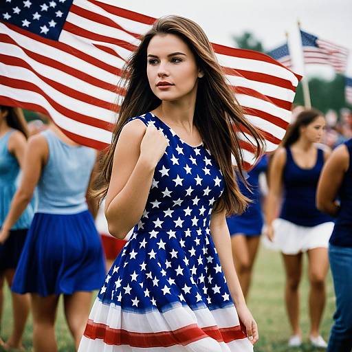 Woman in American Flag Dress with Flag