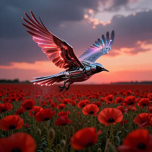 Cybernetic Opium Bird Over Poppies