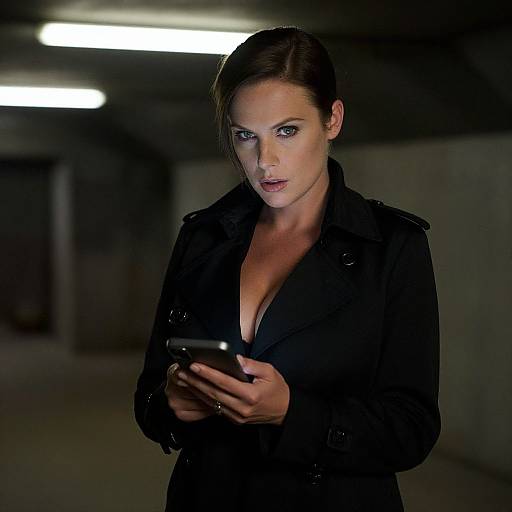 Photograph of a serious, dark-haired woman in a black jacket with deep neckline, focusing on a smartphone in a dimly lit, industrial parking garage